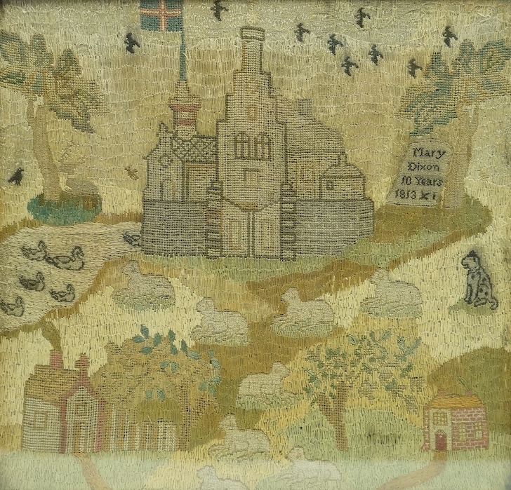 An unusual 19th century maple framed embroidery, in the form of a country scene embroidered with sheep, birds, ducks and a dog amongst houses and a church. The single grave stone signed Mary Dixon, 10 years, 1813. 30.5cm